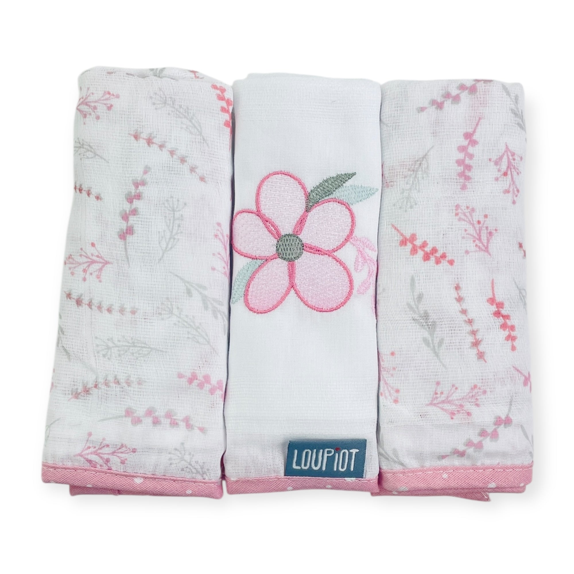 Kit Fralda Loupiot Estampada e Bordada Com Bainha 3 Peças