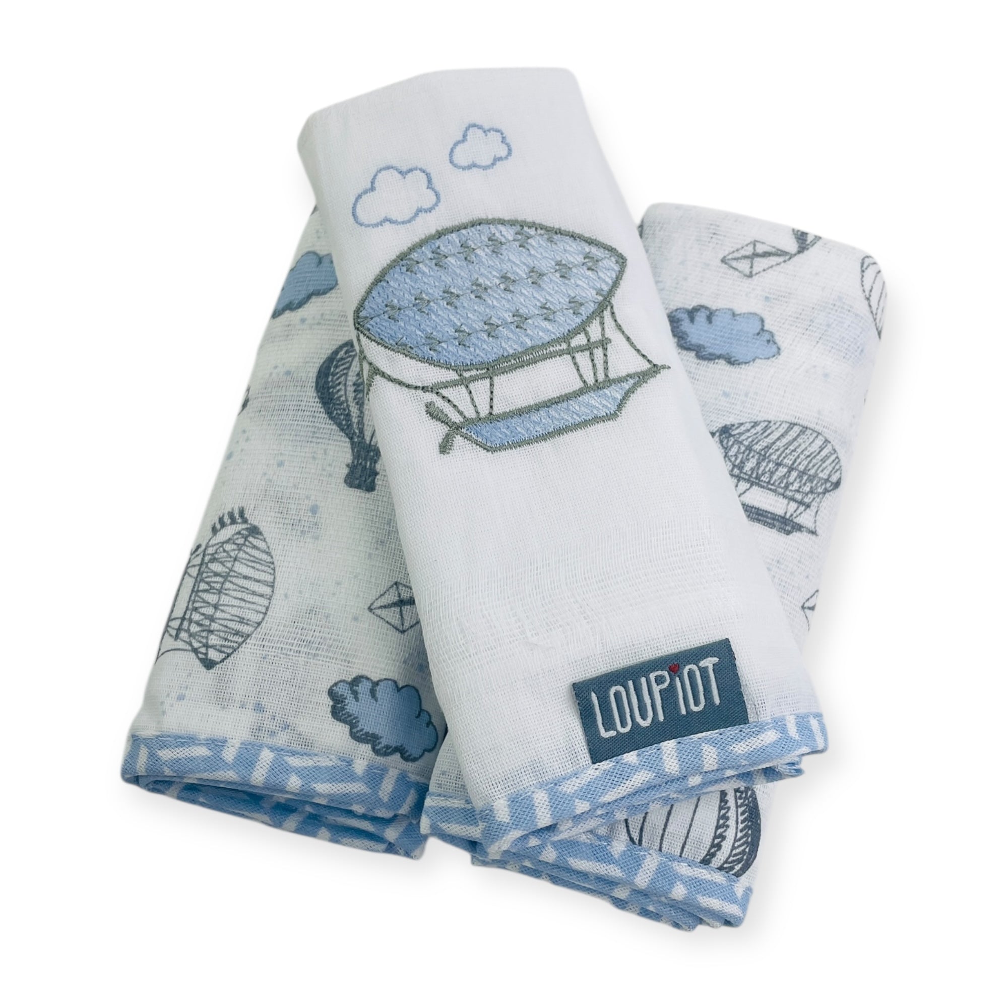 Kit Fralda Loupiot Estampada e Bordada Com Bainha 3 Peças