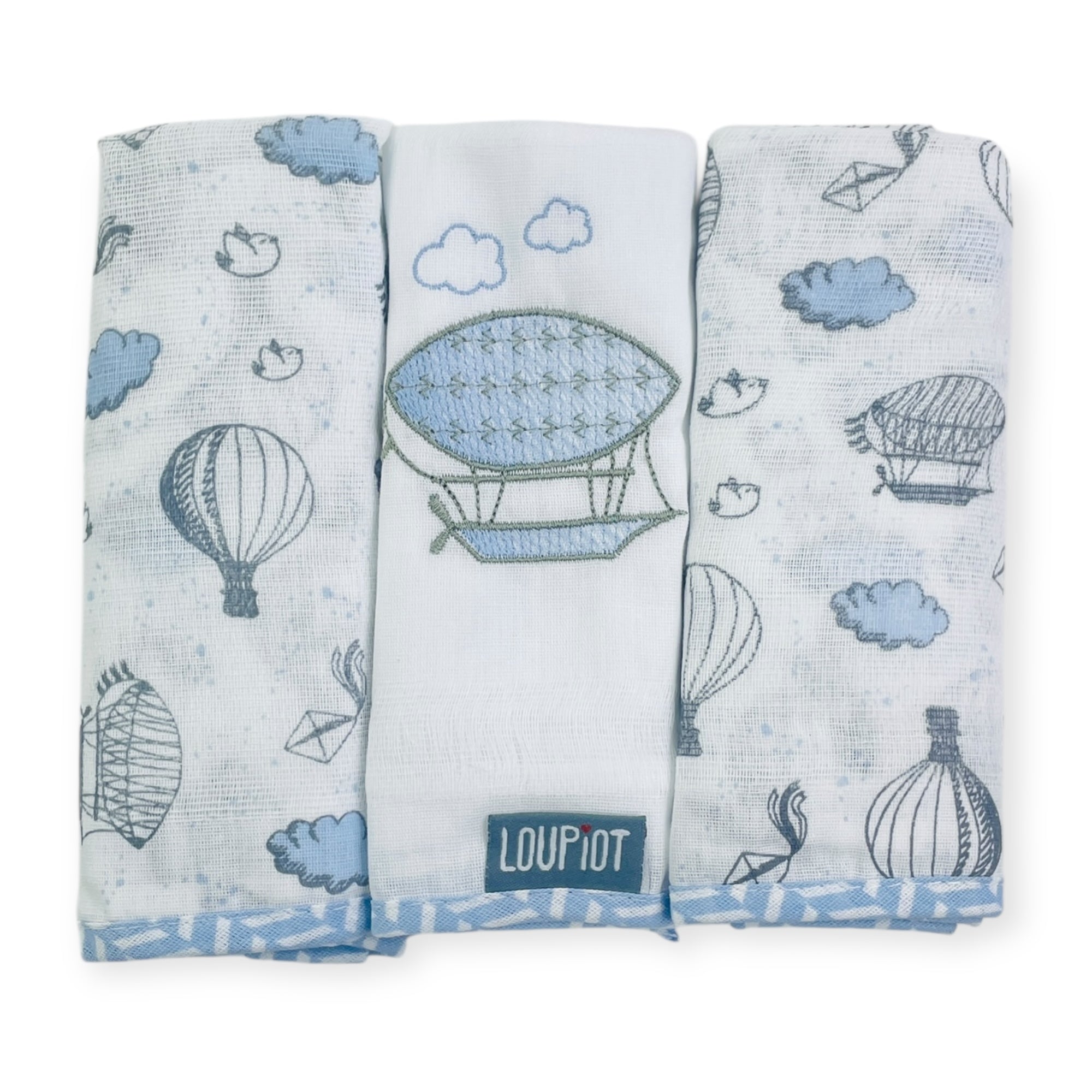 Kit Fralda Loupiot Estampada e Bordada Com Bainha 3 Peças