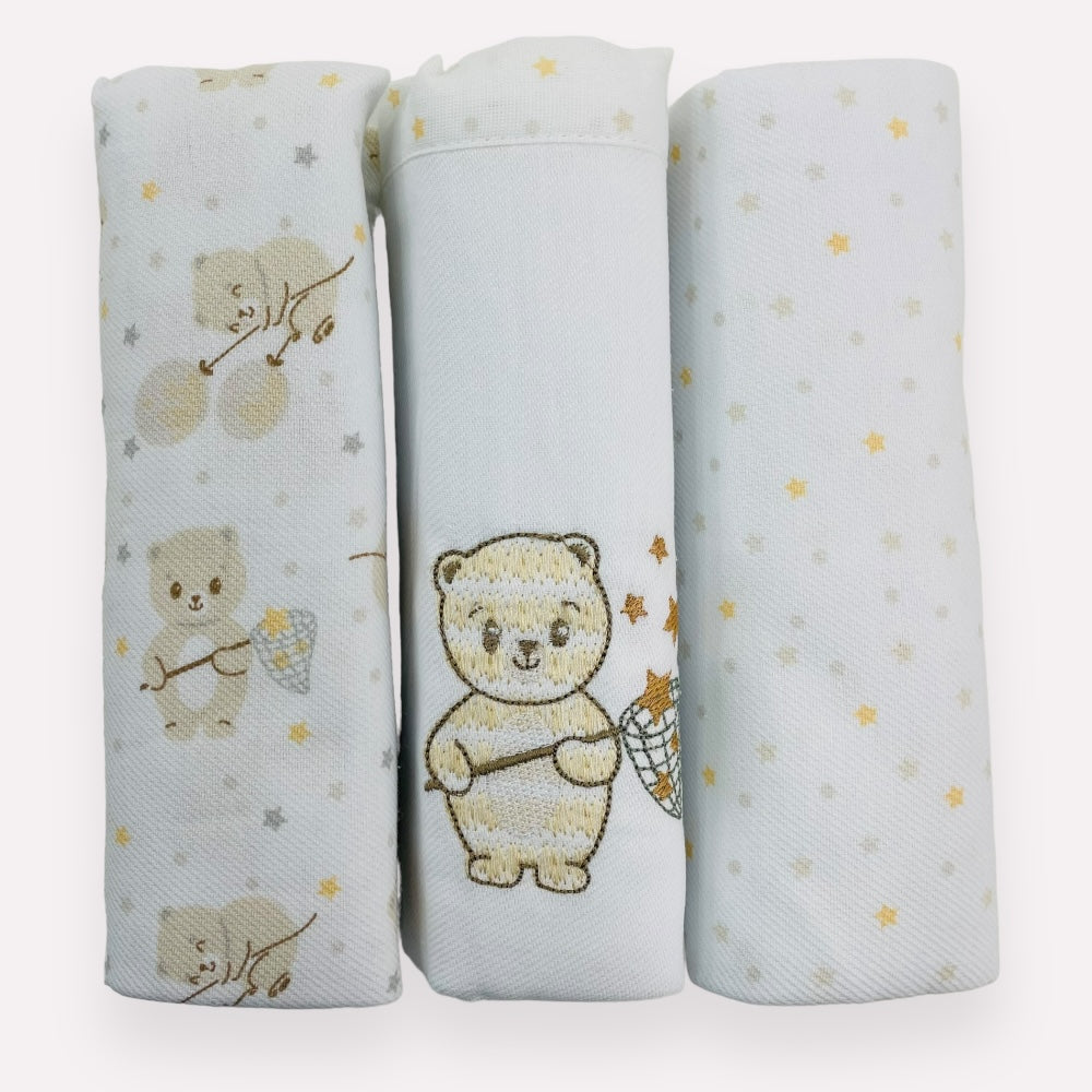 Kit Cueiro Rolinhos Baby Nice Ursinho 3 Peças- Bege - 80 X80 Cm
