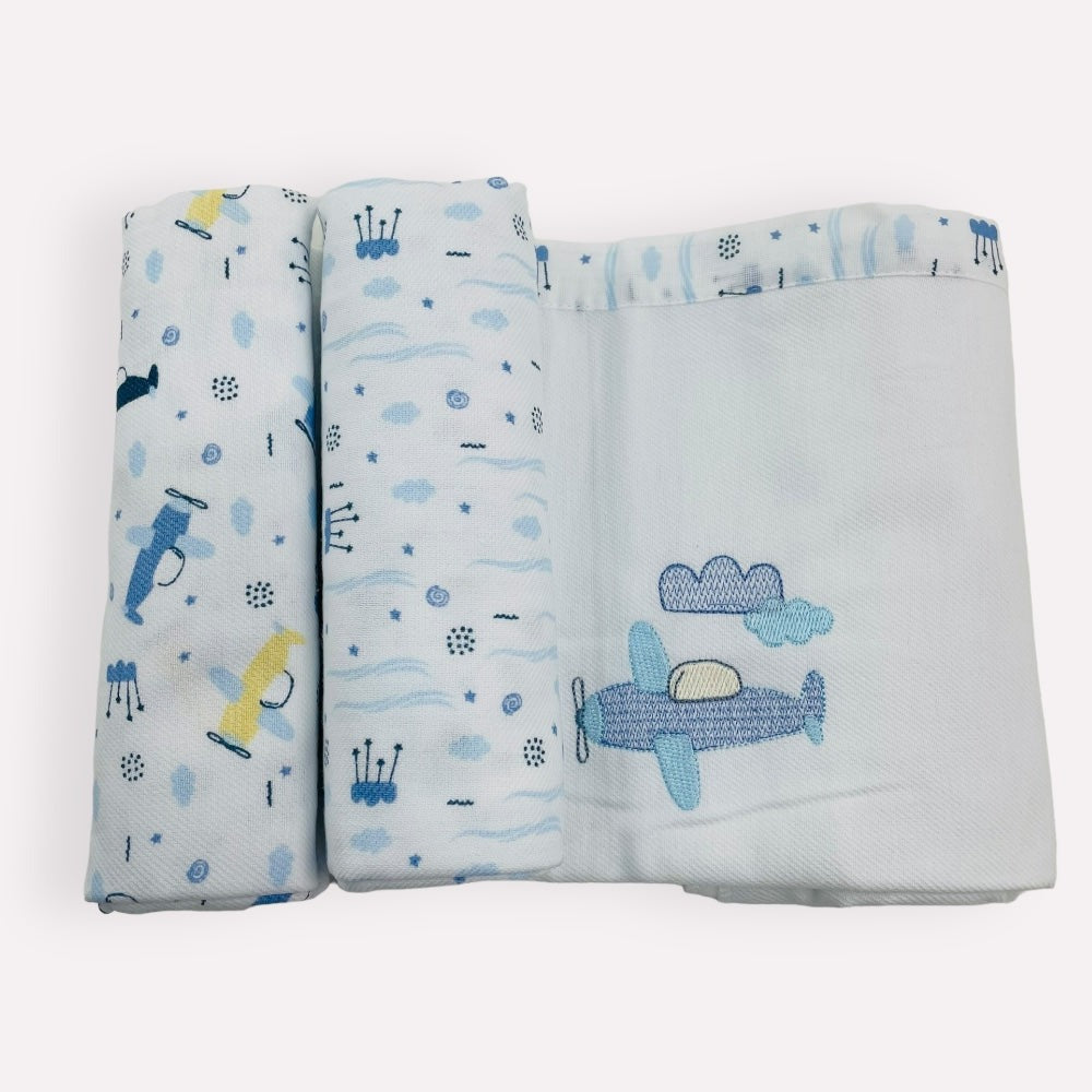 KIT CUEIRO ROLINHOS BABY NICE AVIAO 3 PCS - MARINHO - 80X80CM