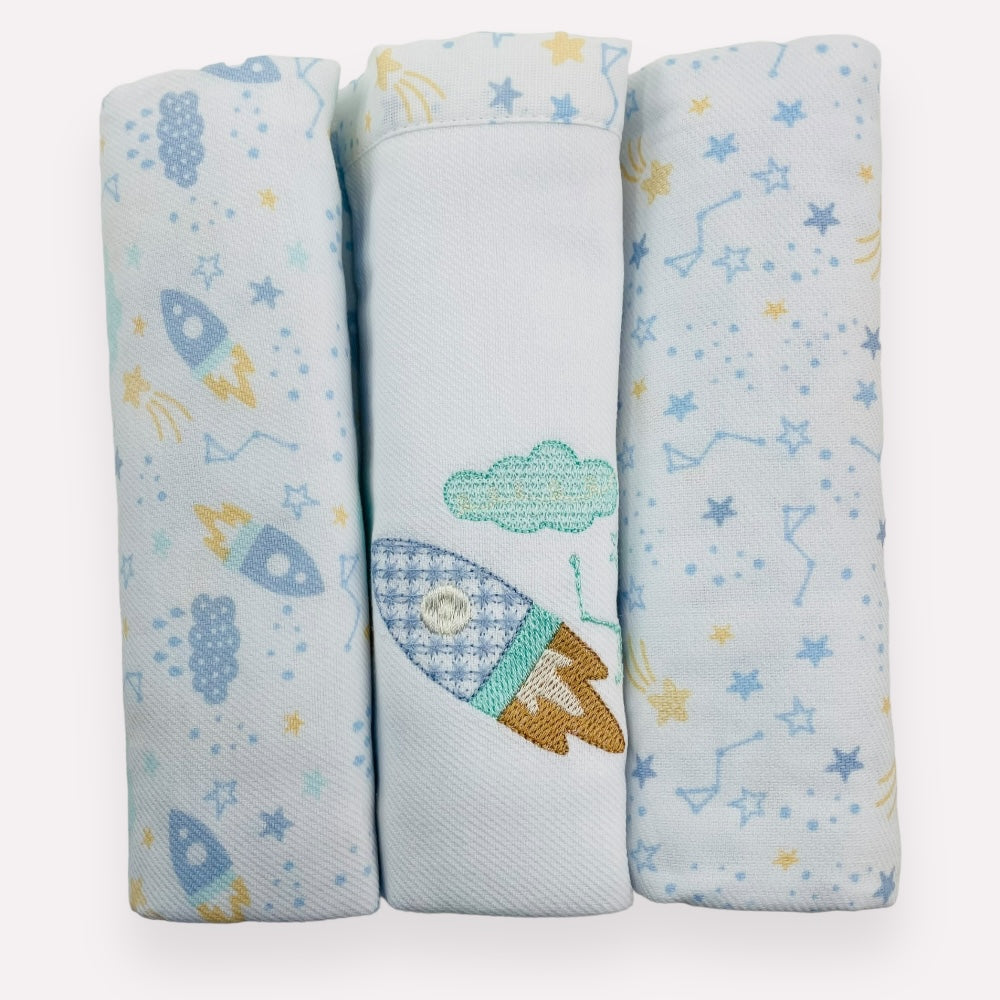 Kit Cueiro Rolinhos Baby Nice Foguete 3 Peças - Azul - 80X80 Cm