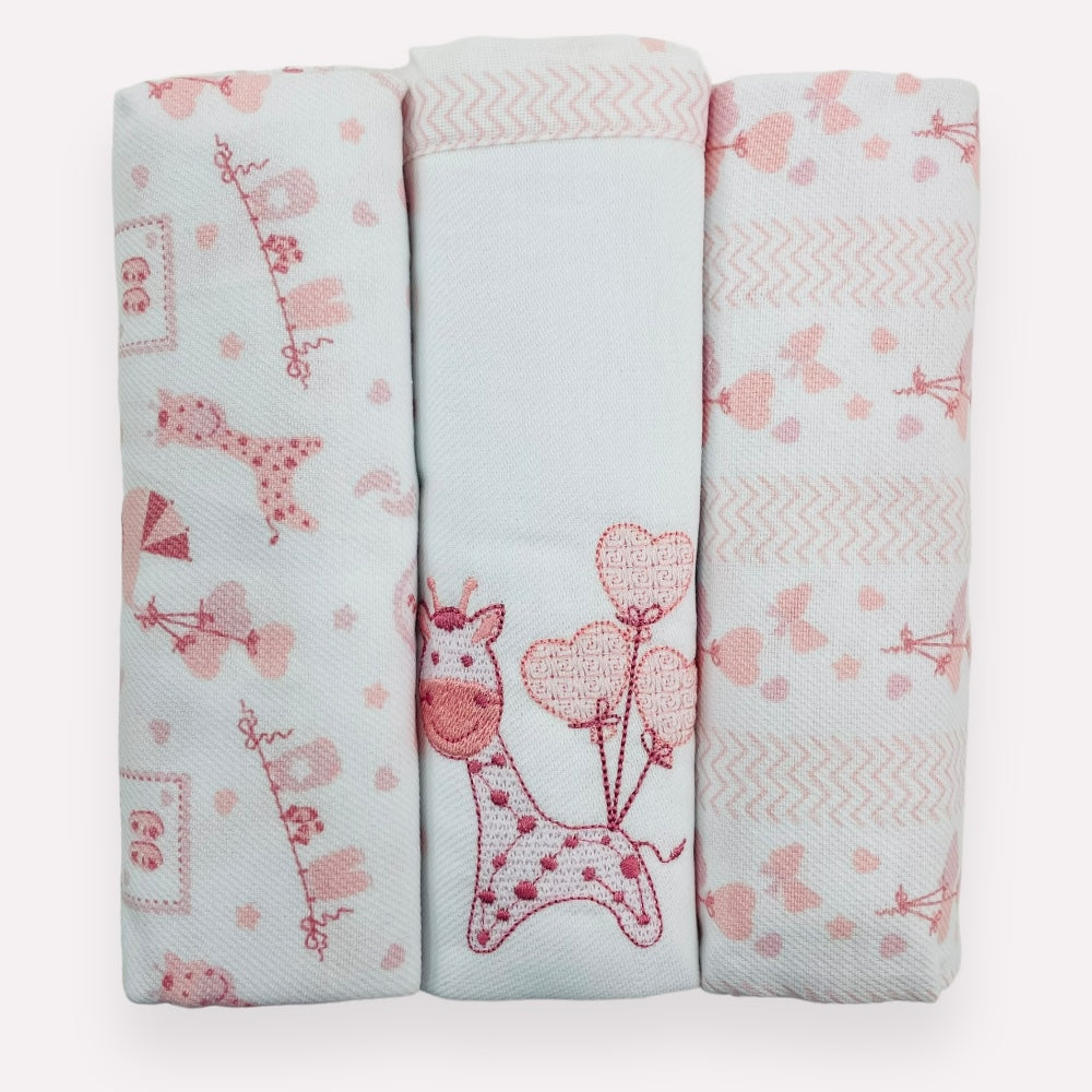 Kit Cueiro Rolinhos Baby Nice Girafa 3 Peças - Rose - 80X80 Cm