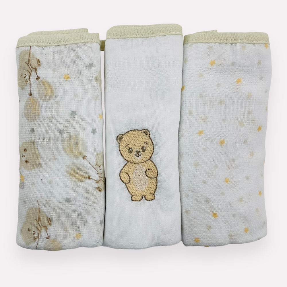 Kit Fralda Baby Nice Ursinho Com Bainha 3 Peças- Bege