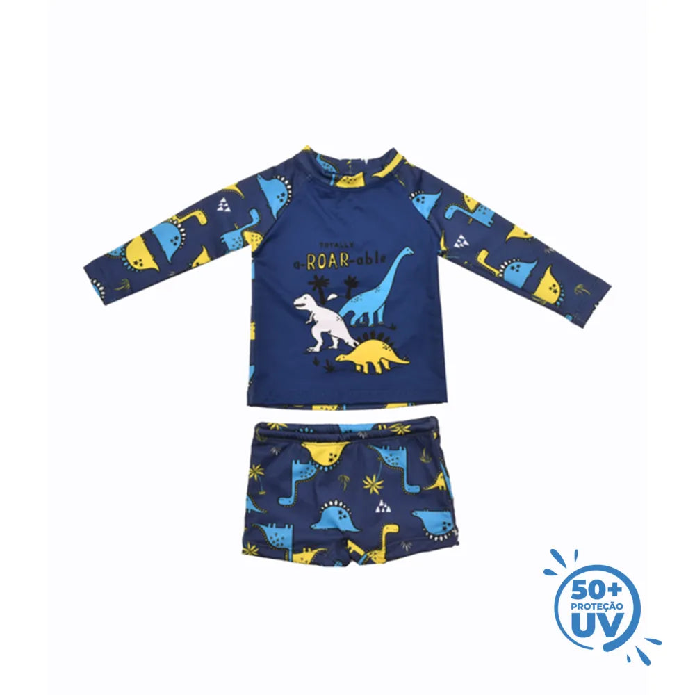 Camiseta Bebê Manga Longa Dino Roar Azul Marinho