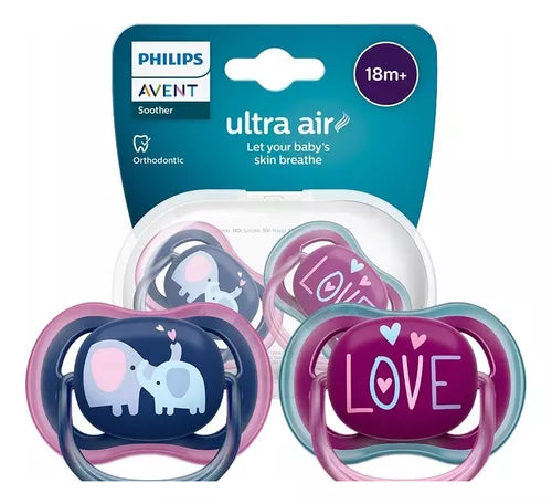 Kit Chupeta Avent Ultra Air Decorada 18 M+ 2 Peças - Azul/rosa