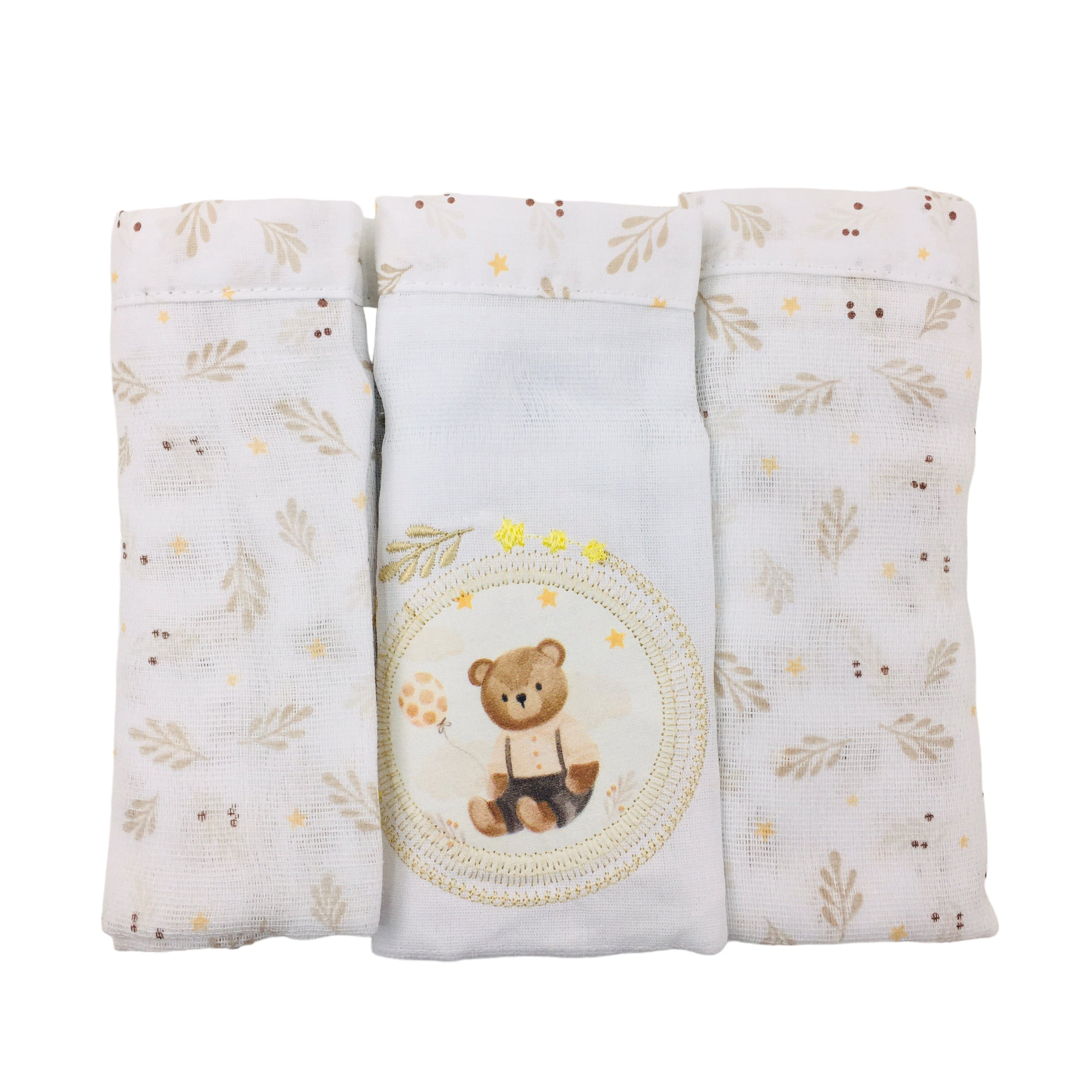 Kit Fralda Muito Mimo Ursinho Com Bainha 3 Peças  70X68CM