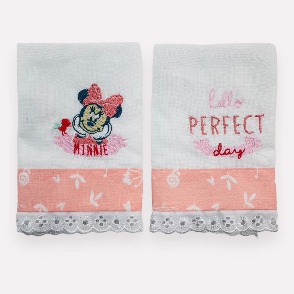 Babete Disney Baby Minnie Bordada 2 Peças- Rosa - 32 X32 Cm