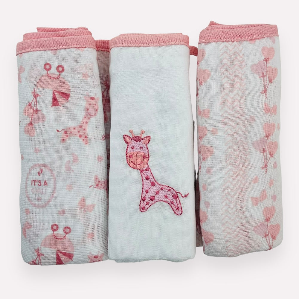 Kit Fralda Baby Nice Girafa Com Bainha 3 Peças- Rose