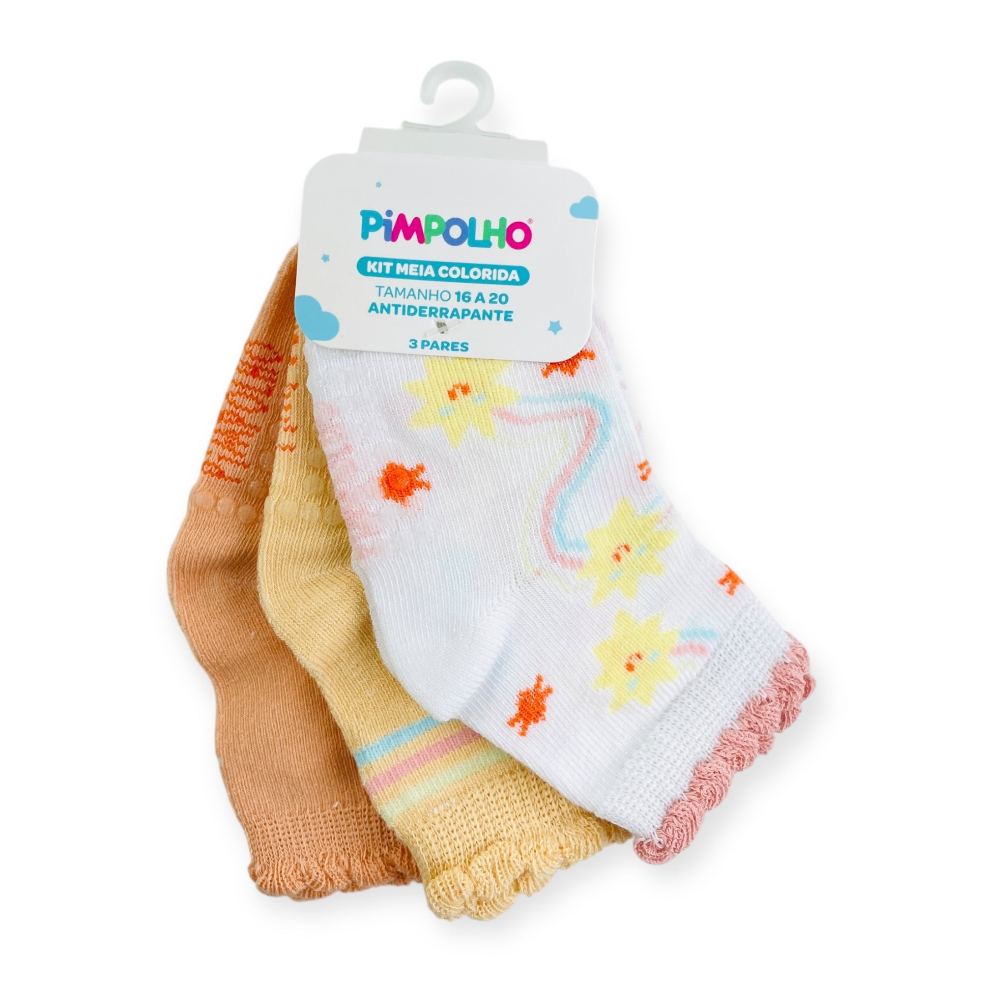 Kit Meia Colorida Feminino Pimpolho Antiderrapante Com 3 Pares