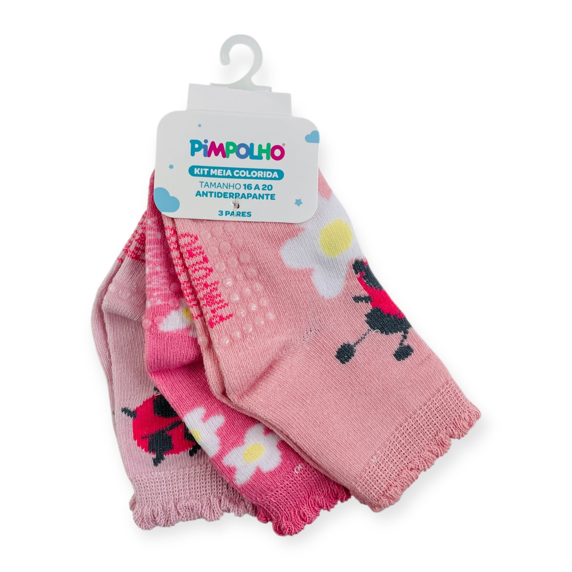 Kit Meia Colorida Feminino Pimpolho Antiderrapante Com 3 Pares