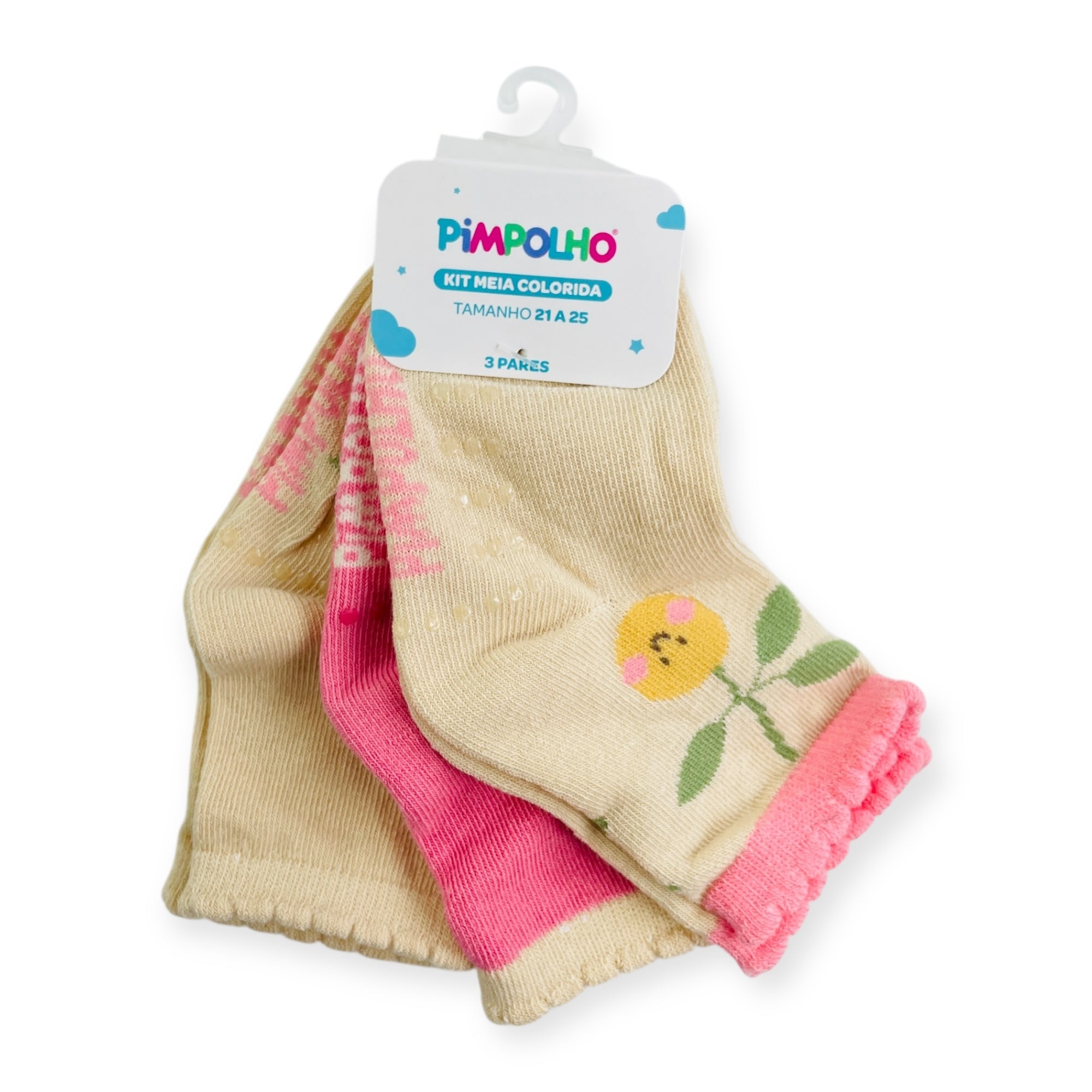 Kit Meia Colorida Feminino Pimpolho Antiderrapante Com 3 Pares