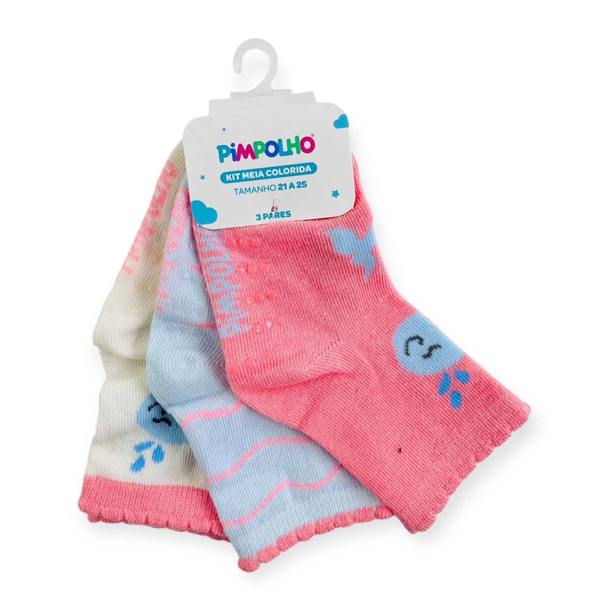 Kit Meia Colorida Feminino Pimpolho Antiderrapante Com 3 Pares