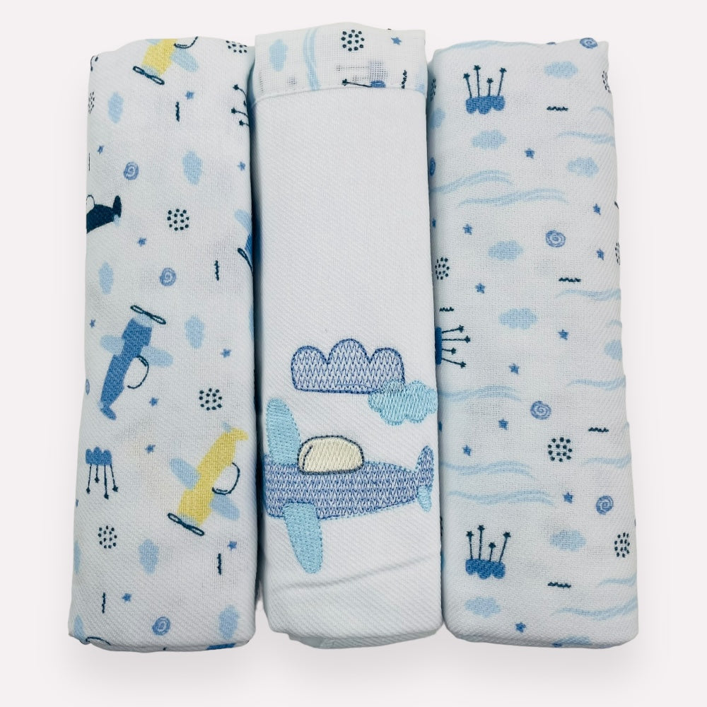 KIT CUEIRO ROLINHOS BABY NICE AVIAO 3 PCS - MARINHO - 80X80CM