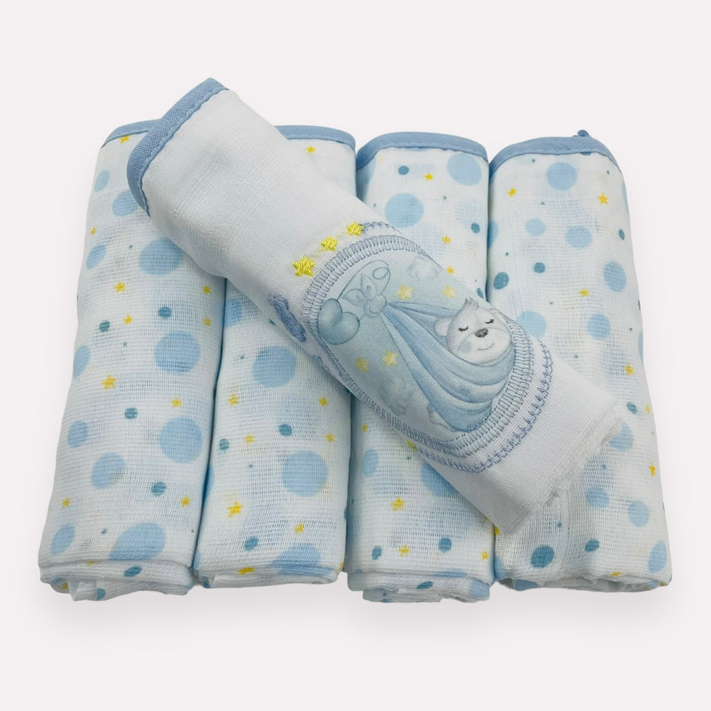 Kit Fralda Muito Mimo Cegonha Com Bainha 5 Peças  Azul 70 X68 Cm