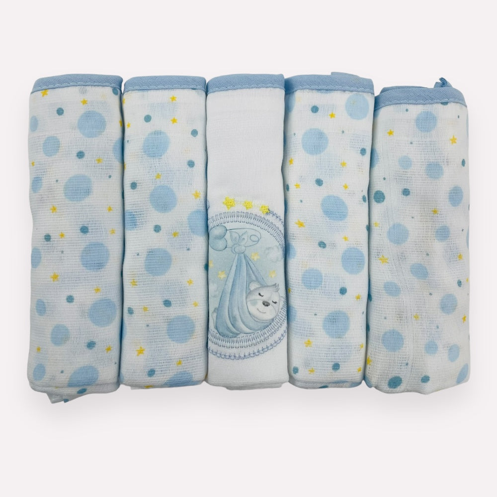 Kit Fralda Muito Mimo Cegonha Com Bainha 5 Peças  Azul 70 X68 Cm