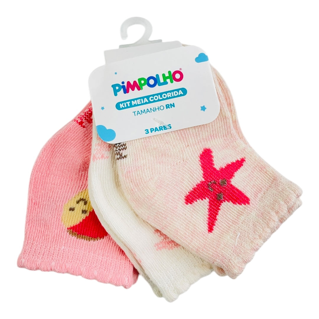 Kit Meia Pimpolho Colorida Rn Com 3 Peças