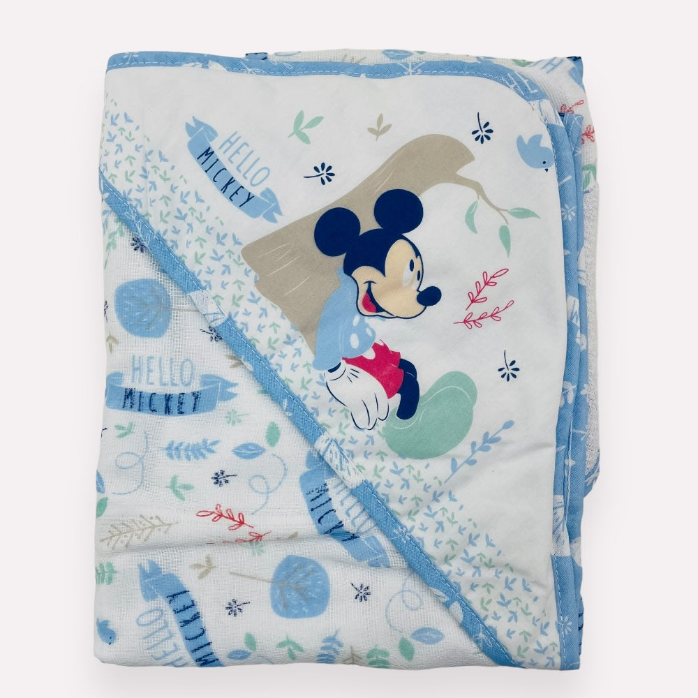 Toalha Felpuda Baby Disney Mickey Com Forro Em Fralda - Azul - 70 X70 Cm