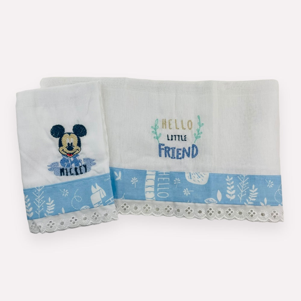 Babete Disney Baby Mickey Bordada 2 Peças- Azul - 32 X32 Cm