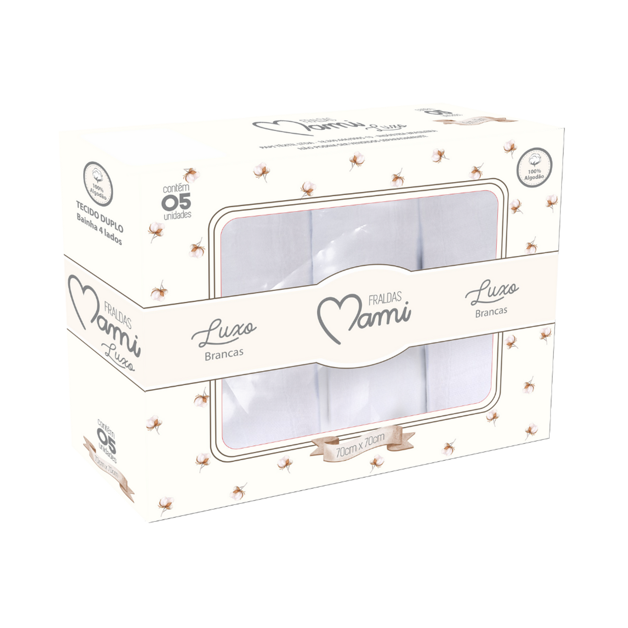 Fralda Luxo Mami Com Bainha 68 X68 Cm 05 Peças - Branco