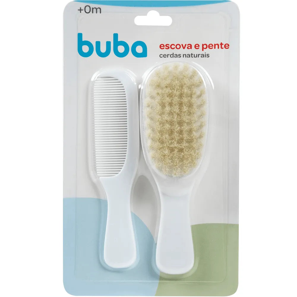 Kit Escova E Pente Buba Cerdas Naturais 2 Peças -  Branco